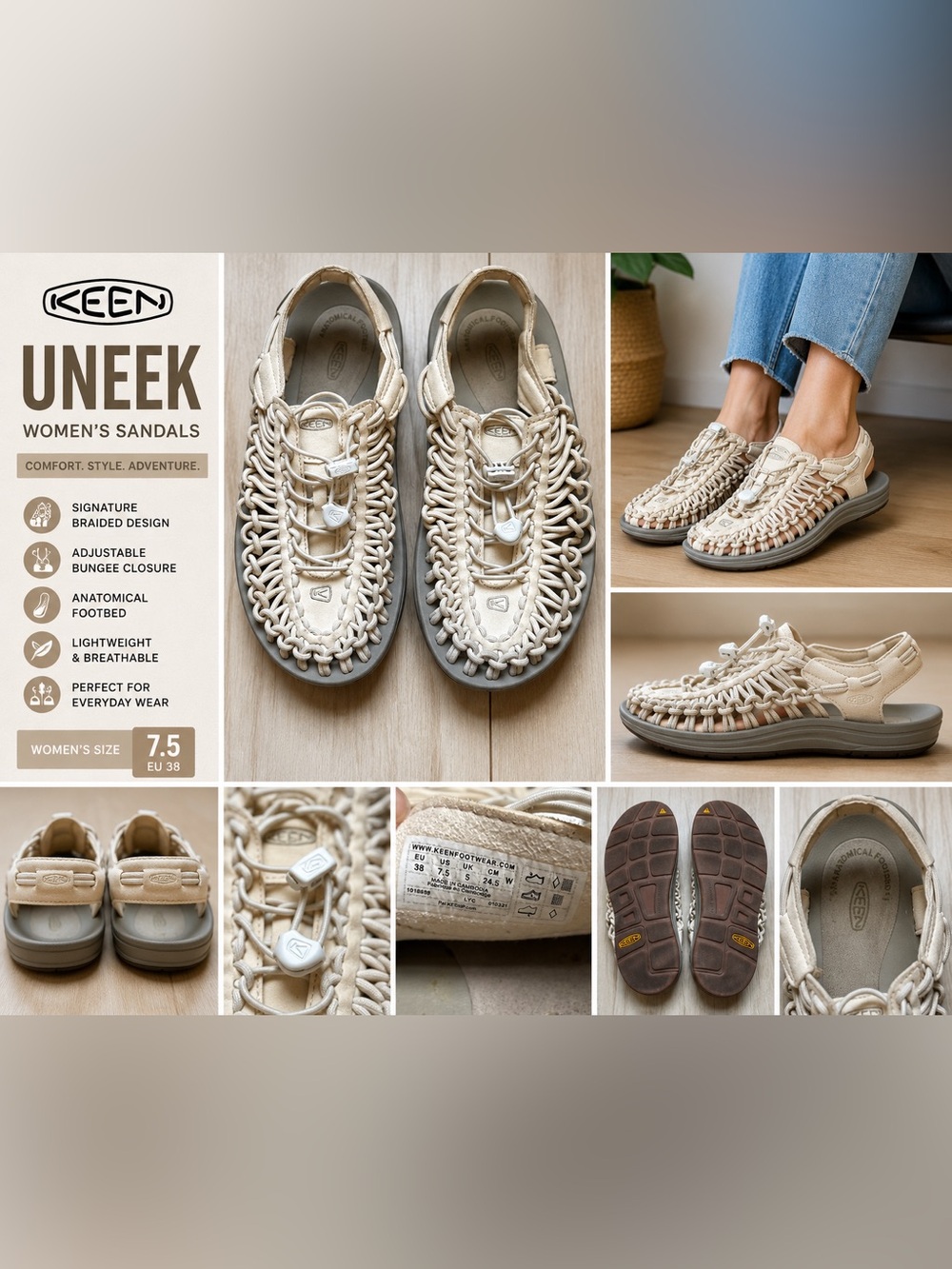 Beige Cream Braided Cord Sandals Women’s Size 7.5 Casual Comfort Shoes